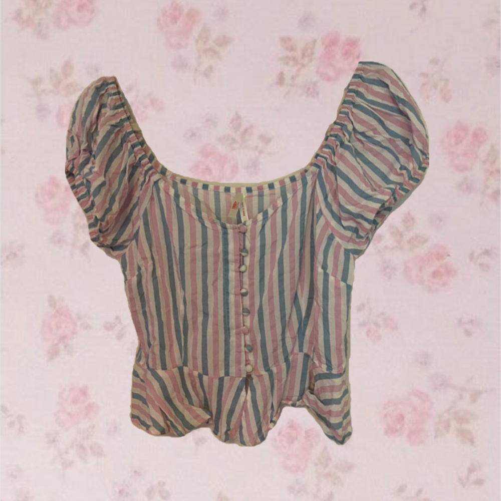 Pink and Blue True Destiny Striped Puff Sleeve Blouse